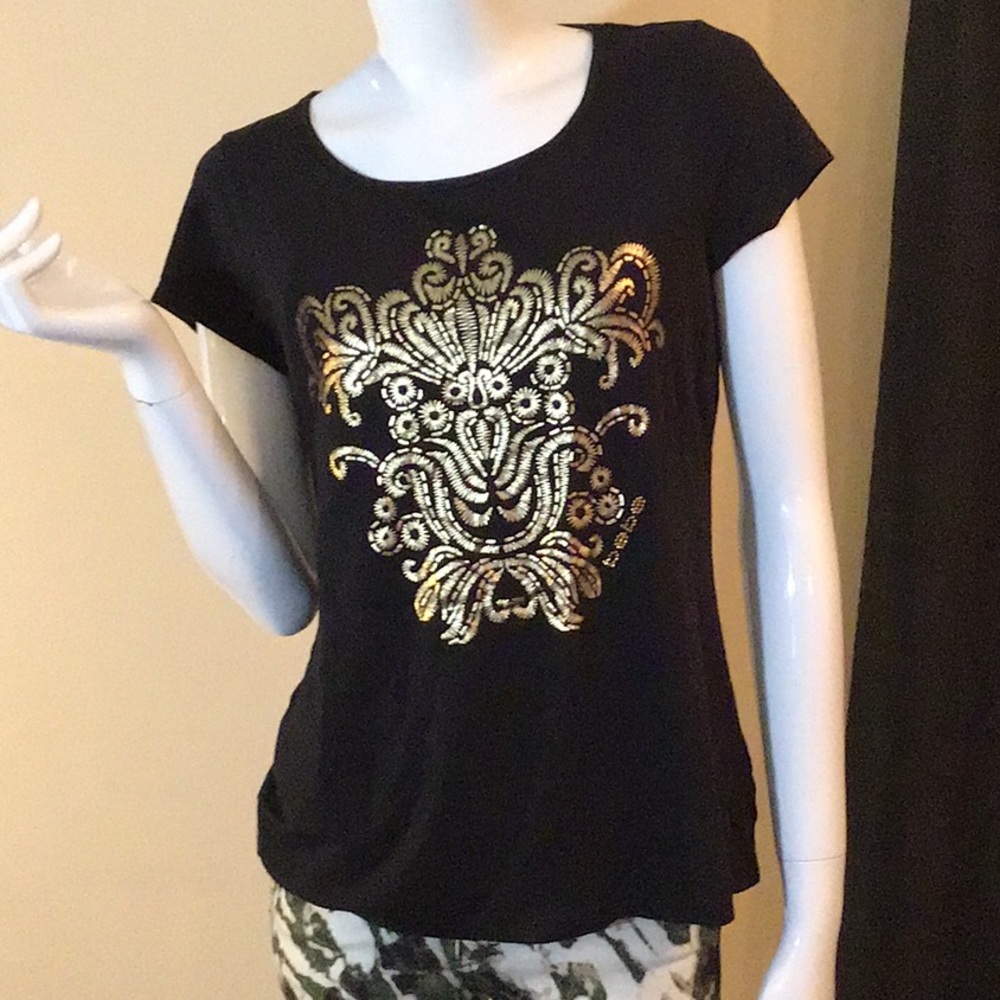 Bebe Black/Gold Graphic Fashion Cut Shirt